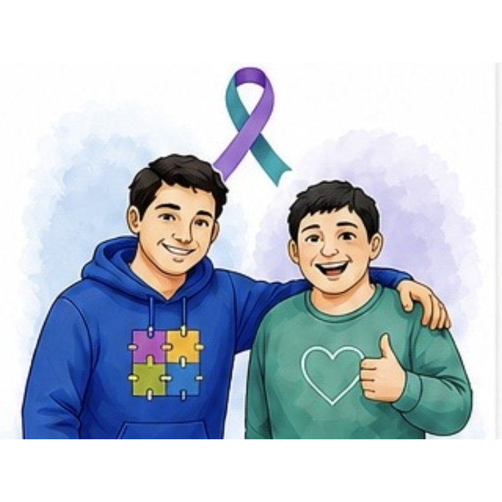 Illustration of two young men standing together under a purple and teal awareness ribbon.